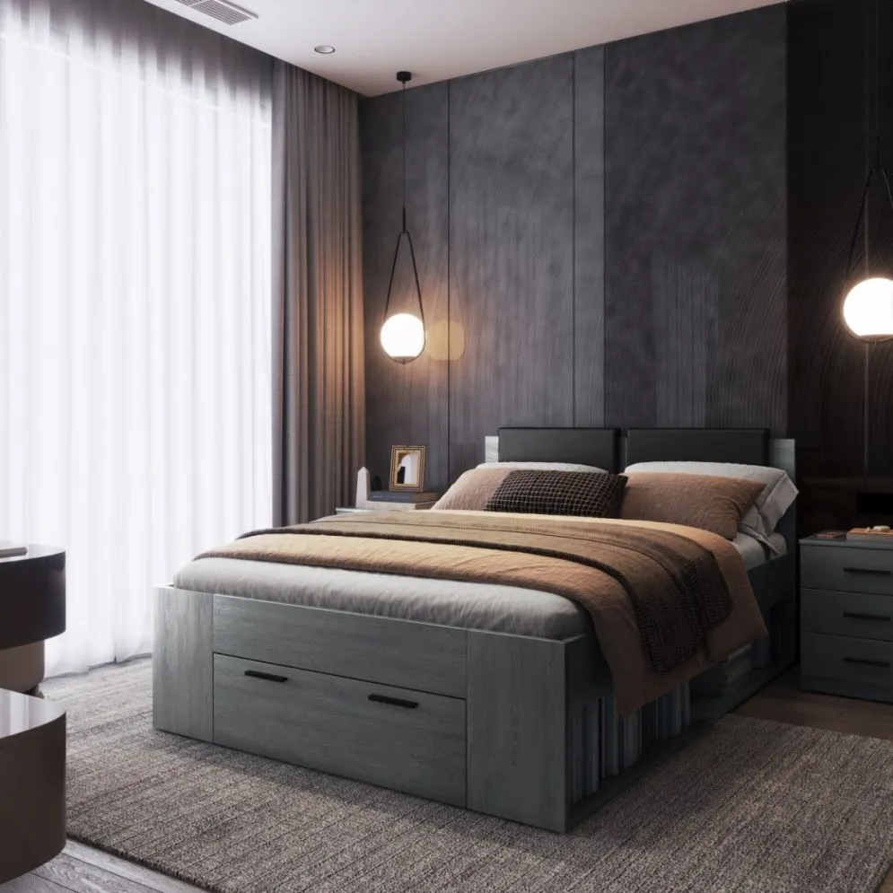 Wygodne łóżko GALAXY 140x200 dąb carbon z szufladą i tapicerowanym zagłowiem I sklep meblowy MIRAT. styl LOFT