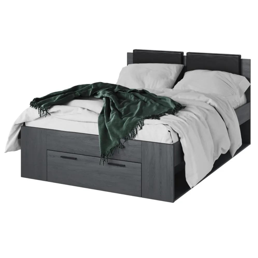 Wygodne łóżko GALAXY 140x200 dąb carbon z szufladą i tapicerowanym zagłowiem I sklep meblowy MIRAT. styl LOFT