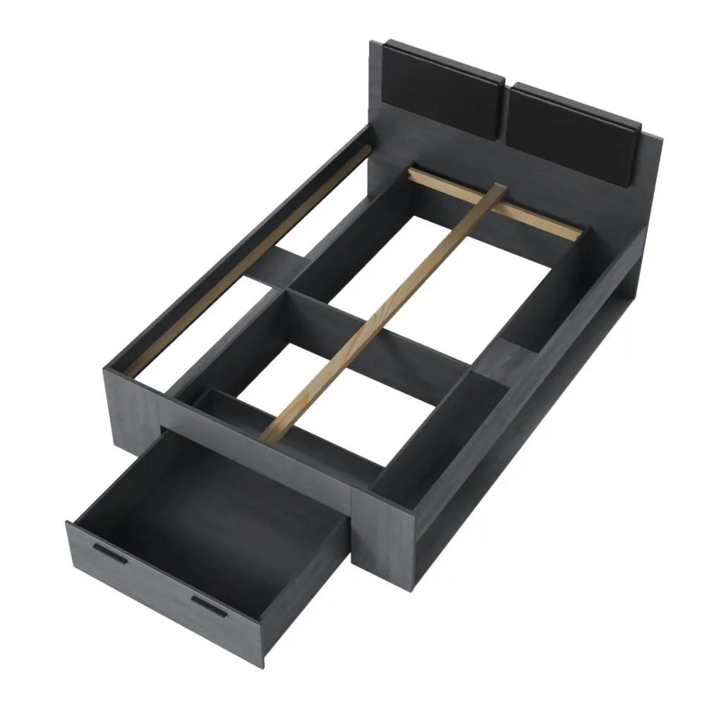 Wygodne łóżko GALAXY 140x200 dąb carbon z szufladą i tapicerowanym zagłowiem I sklep meblowy MIRAT. styl LOFT
