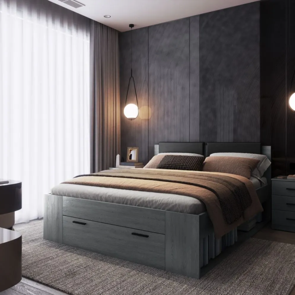 Łóżko do sypialni GALAXY 160x200 dąb carbon z szufladą i tapicerowanym zagłowiem I sklep meblowy MIRAT. styl LOFT