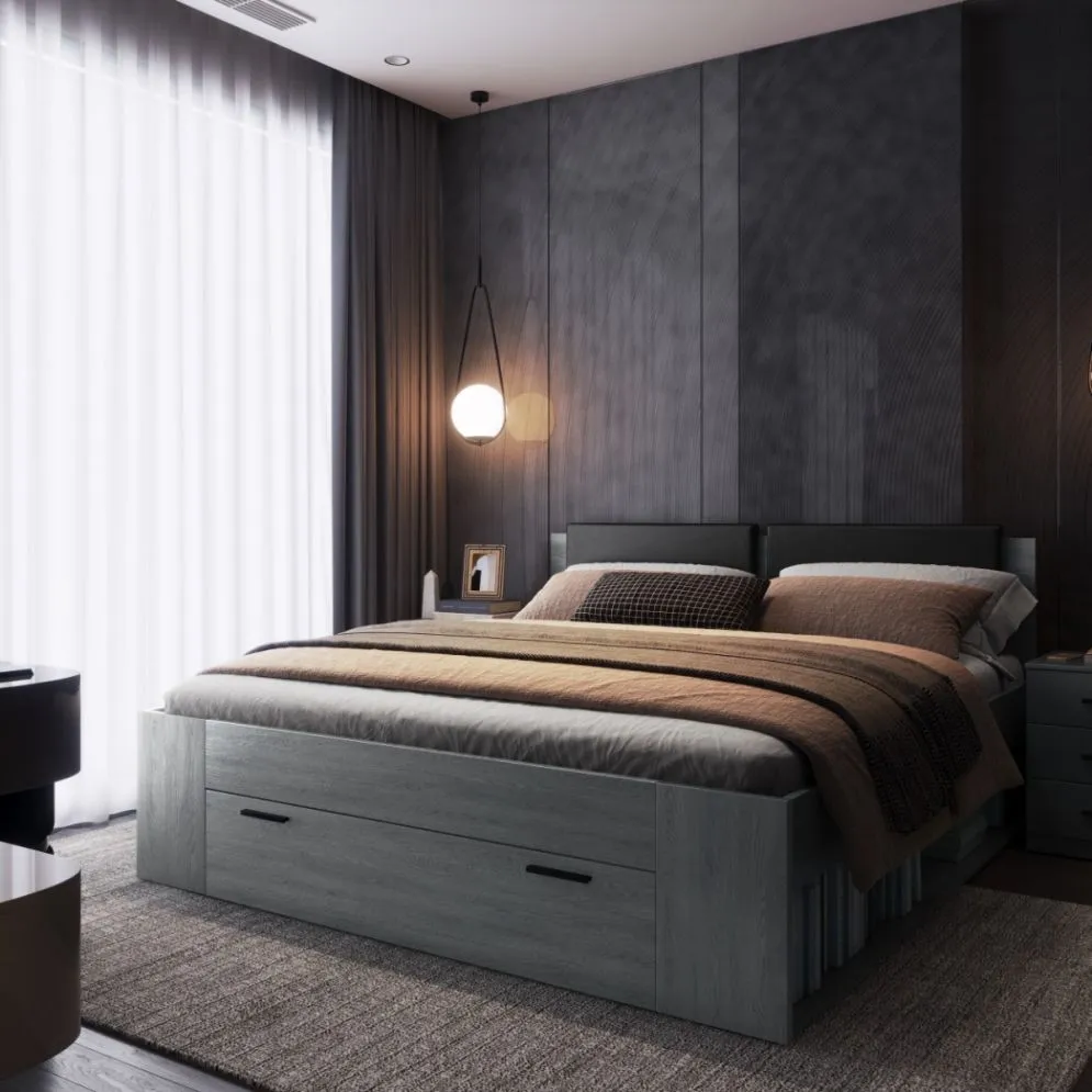 Duże łóżko GALAXY 180x200 dąb carbon z szufladą i tapicerowanym zagłowiem I sklep meblowy MIRAT. styl LOFT