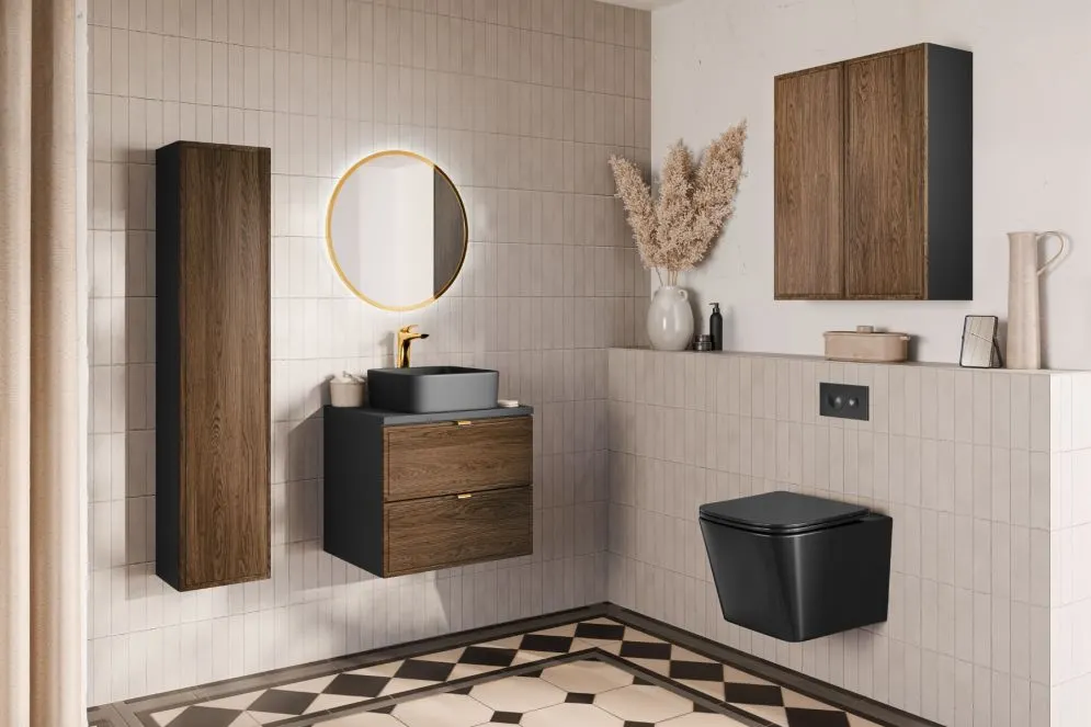 Szafka pod umywalkę nablatową TALIA CASELLA 2S 60cm dąb casella/czarny mat z blatem MIRAT. styl KLASYCZNY, LOFT