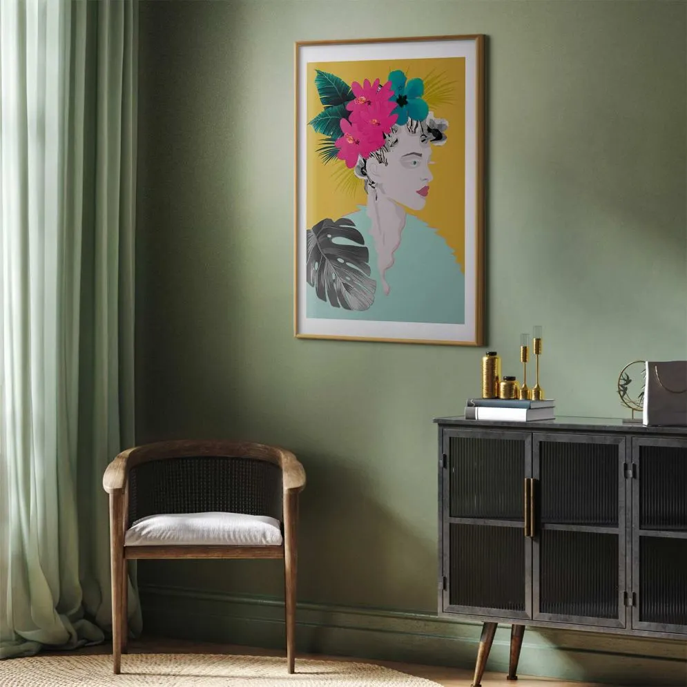 Plakat Kwiaty we włosach 60x90 cm z ramą złotą z marginesem | MIRAT.