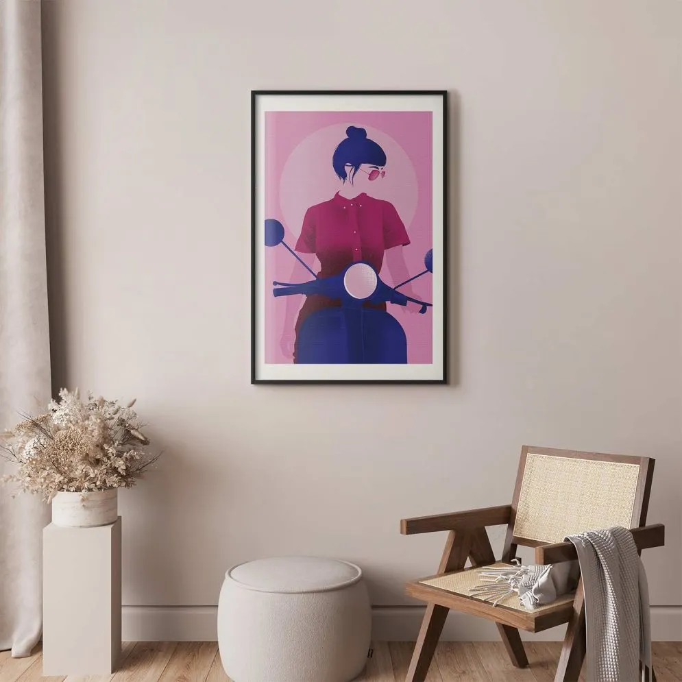 Plakat Kobieta na skuterze 29,7x42 cm z ramą czarną z marginesem | MIRAT.