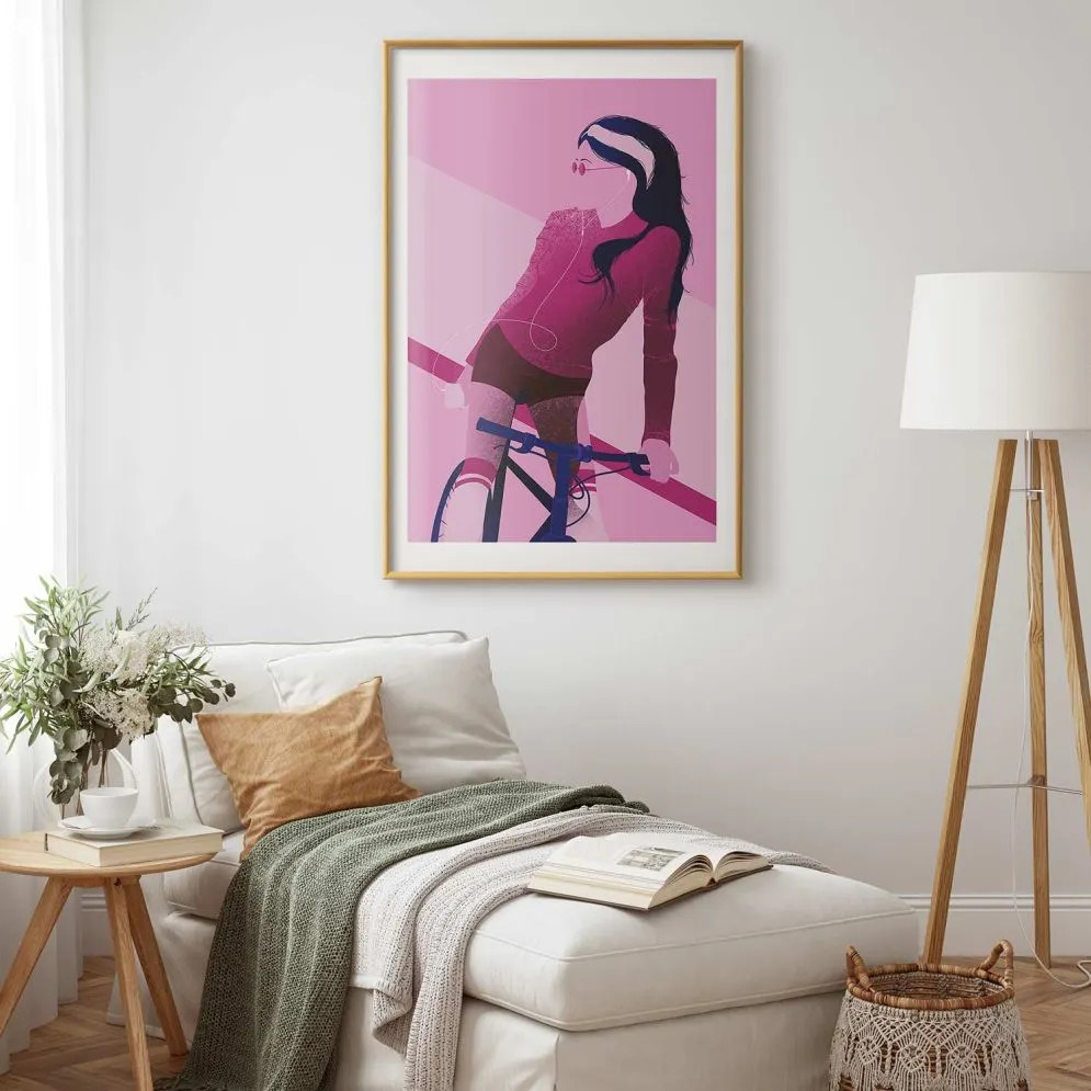 Plakat Kobieta na rowerze 21x30 cm z ramą złotą z marginesem | MIRAT.