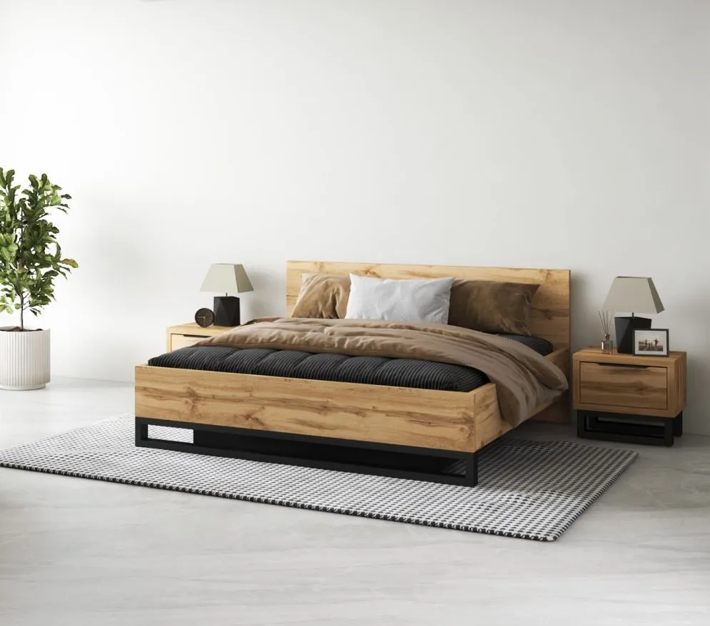 Łóżko HALLE 140x200 dąb wotan mat/czarne z pojemnikiem I sklep meblowy MIRAT. styl LOFT, SKANDYNAWSKI