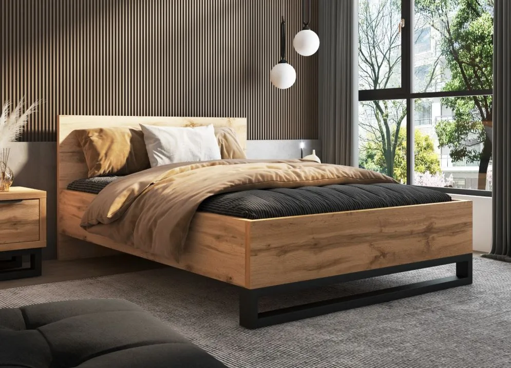 Łóżko HALLE 140x200 dąb wotan mat/czarne młodzieżowe I sklep meblowy MIRAT. styl LOFT, SKANDYNAWSKI
