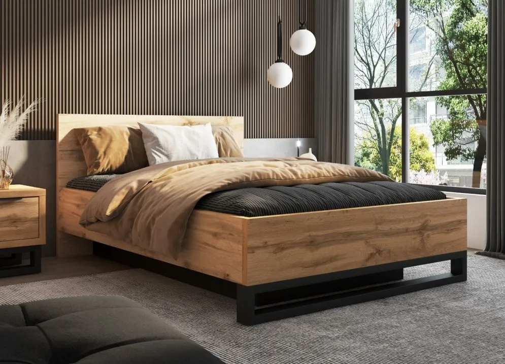 Łóżko HALLE 140x200 dąb wotan mat/czarne z pojemnikiem I sklep meblowy MIRAT. styl LOFT, SKANDYNAWSKI