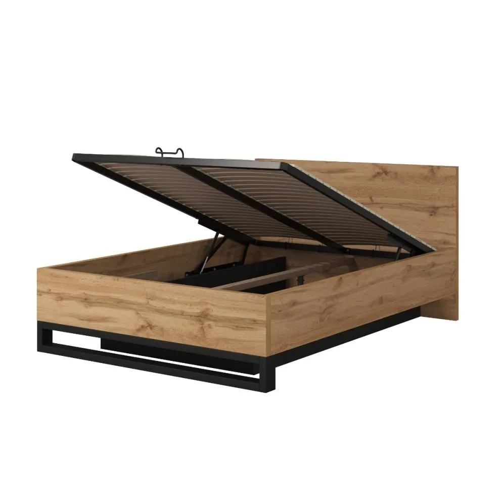 Łóżko HALLE 140x200 dąb wotan mat/czarne z pojemnikiem I sklep meblowy MIRAT. styl LOFT, SKANDYNAWSKI