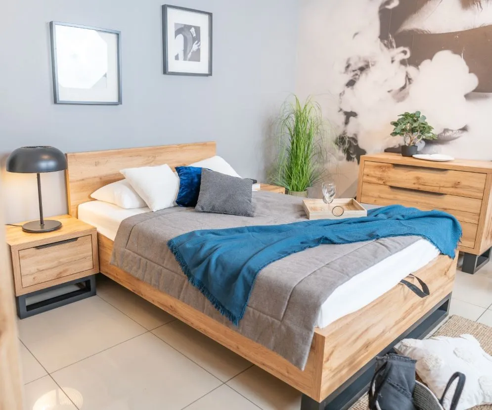 Łóżko HALLE 140x200 dąb wotan mat/czarne młodzieżowe I sklep meblowy MIRAT. styl LOFT, SKANDYNAWSKI