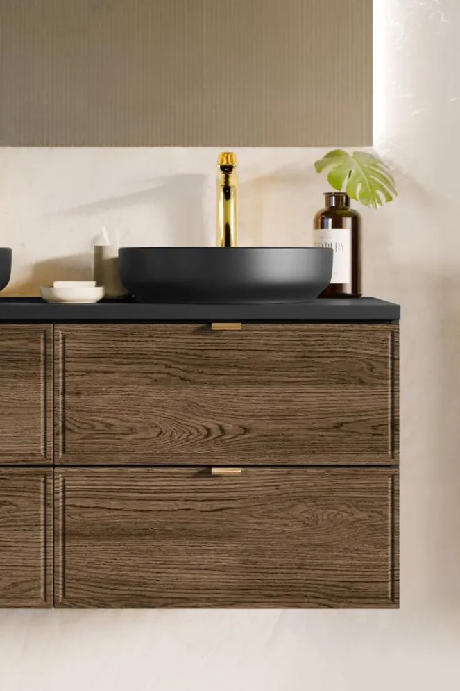Szafka pod umywalkę nablatową TALIA CASELLA 2S 60cm dąb casella/czarny mat z blatem MIRAT. styl KLASYCZNY, LOFT