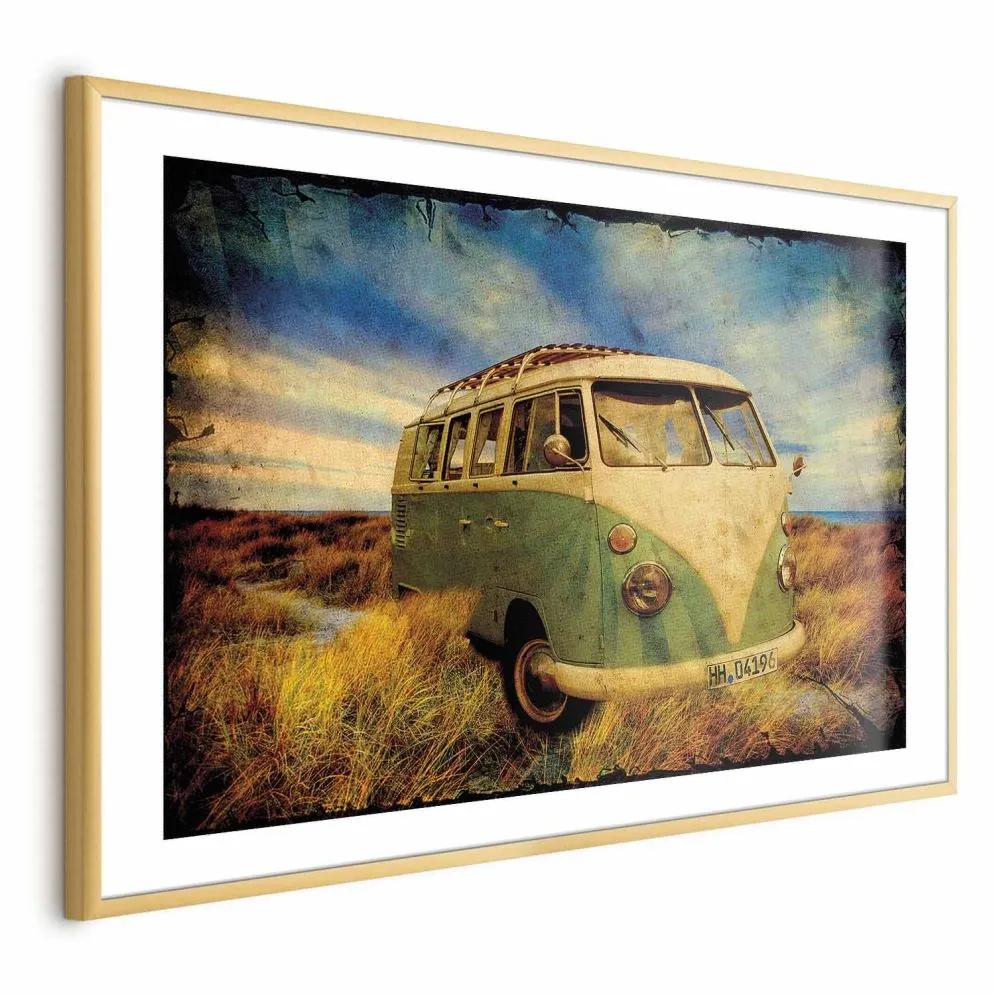 Plakat Retro bus 42x29,7 cm z ramą złotą z marginesem | MIRAT.