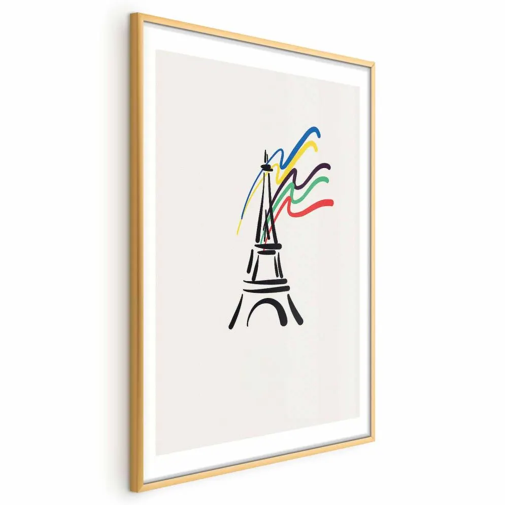 Plakat Wieża Eiffla i kolory 21x30 cm z ramą złotą z marginesem | MIRAT.