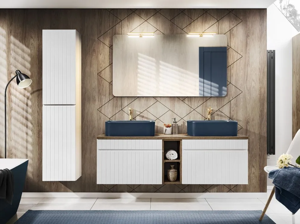 Szafka pod umywalkę ICONIC WHITE 60cm + ICONIC WHITE 60cm + SANTA FE OAK 81-01-A ryflowane fronty zestaw z blatem I sklep meblowy MIRAT. styl RYFLOWANY