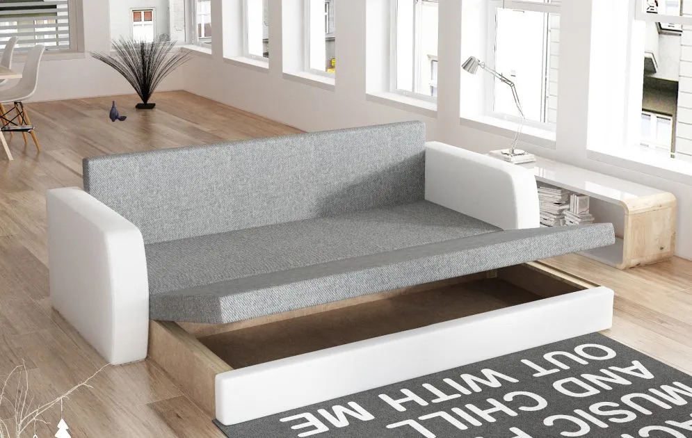 Sofa rozkładana z funkcją spania INVERSA szara/biała z pojemnikiem | MIRAT.