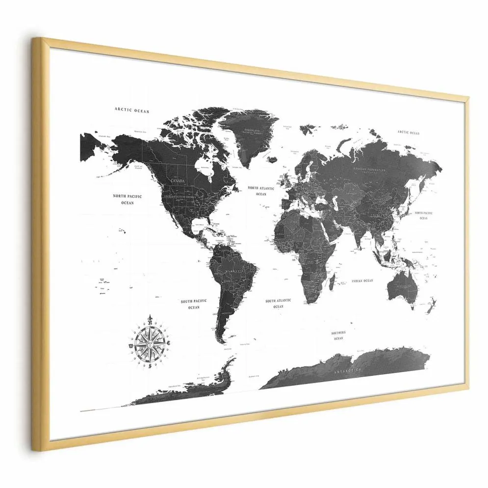 Plakat Monochromatyczna mapa 42x29,7 cm z ramą złotą z marginesem | MIRAT.