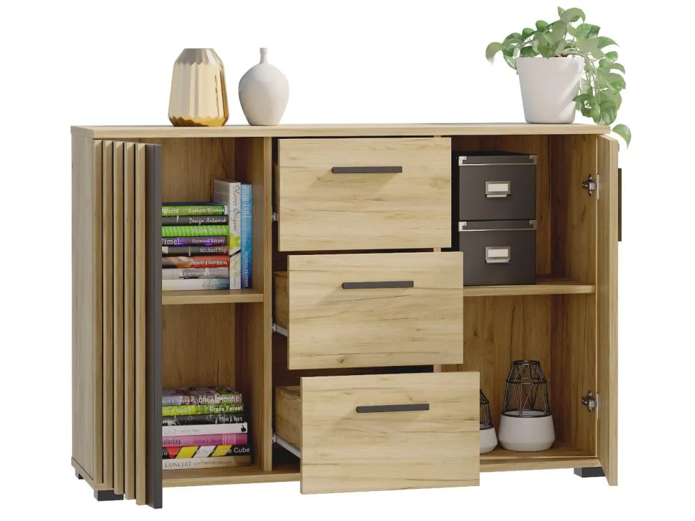 Komoda KALI 120 czarny/dąb craft z szufladami I sklep meblowy MIRAT. styl LOFT, RYFLOWANY