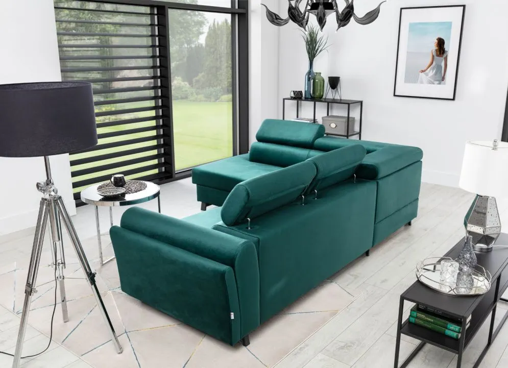 Narożnik z funkcją spania KAIROS VELVET zielony prawy nowoczesny I sklep meblowy MIRAT. styl GLAMOUR