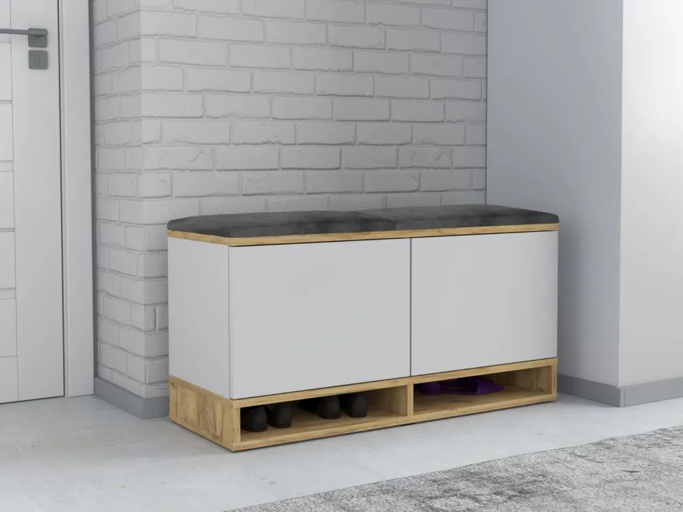 Pojemna szafka na buty z siedziskiem DUBAI biały/dąb craft do przedpokoju I sklep meblowy MIRAT. styl LOFT, SKANDYNAWSKI