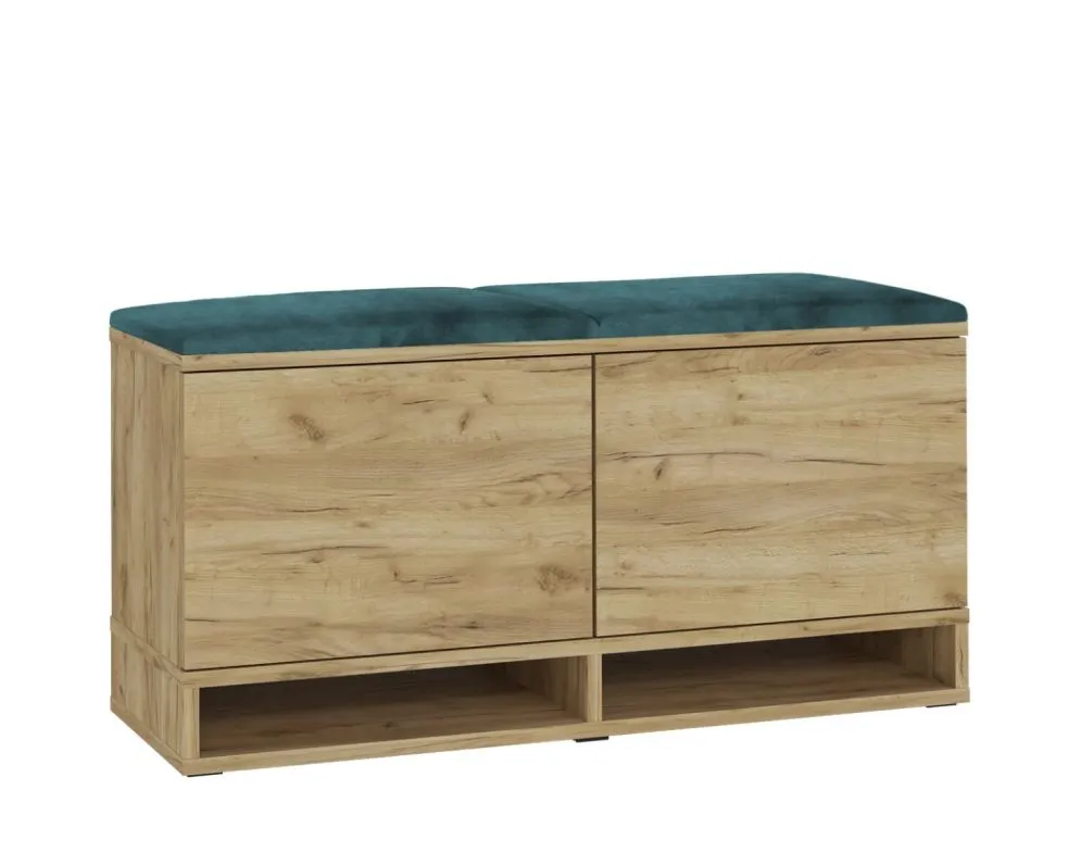 Dwudrzwiowa szafka na buty z welurowym siedziskiem i wieszakiem DUBAI dąb craft/zielona I sklep meblowy MIRAT. styl LOFT, SKANDYNAWSKI