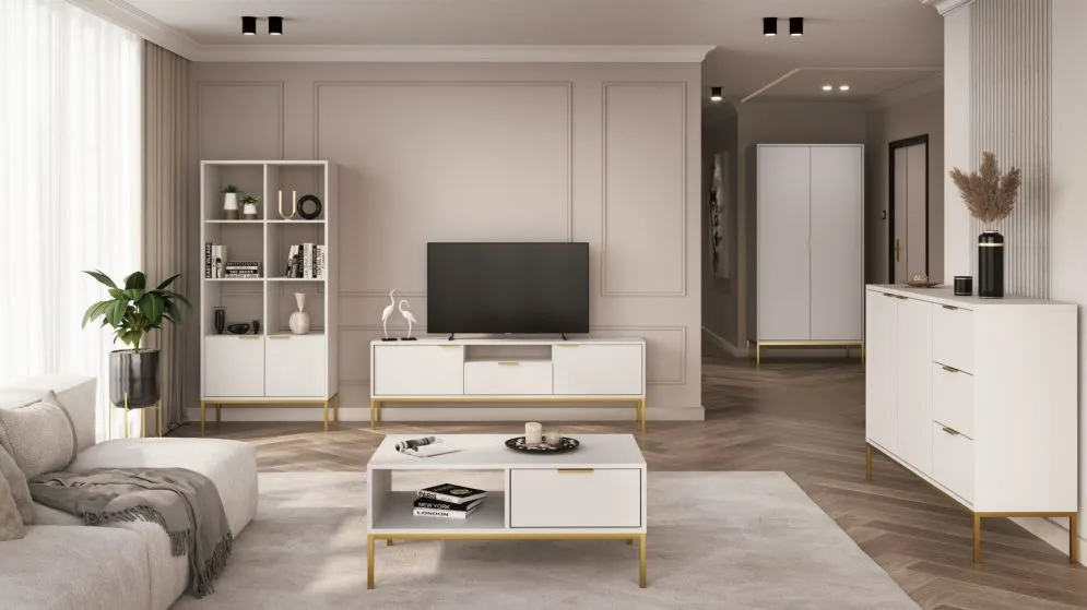 Stolik kawowy AUSTIN 100x60 biały/złoty do salonu w stylu glamour I sklep meblowy MIRAT. styl GLAMOUR