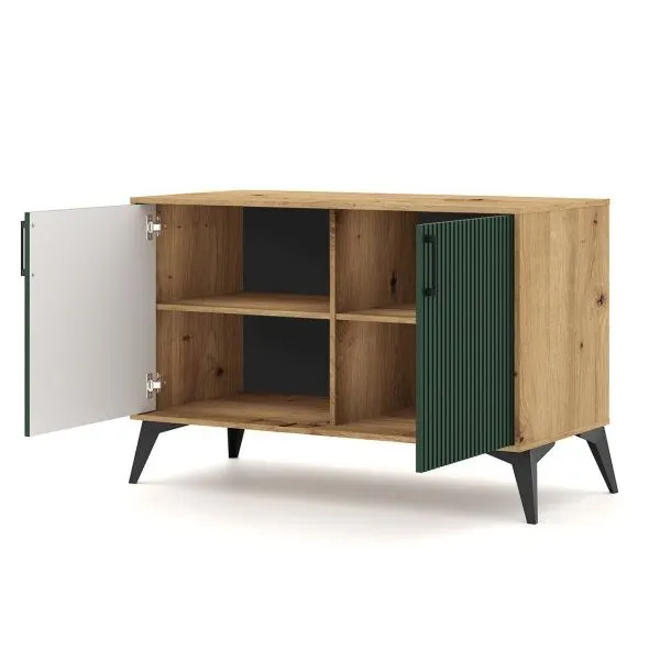 Komoda LUGO 2D 112cm dąb artisan/zielony mat dwudrzwiowa | sklep MIRAT styl RYFLOWANY, SKANDYNAWSKI kolekcja WM-LUGO