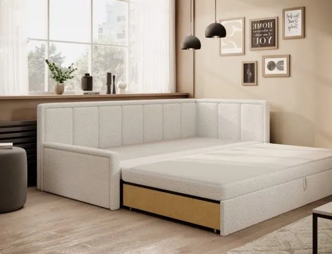 Dwuosobowa sofa rozkładana z funkcją spania FULGEO kremowa prawa I sklep meblowy MIRAT.