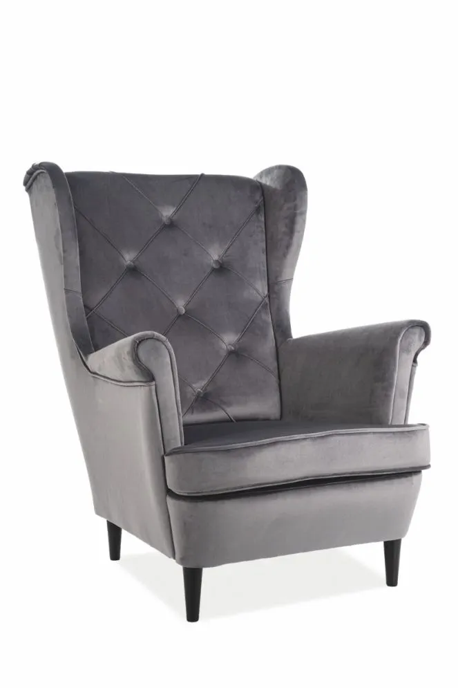Tapicerowany szary fotel aksamitny pikowany Lady Velvet