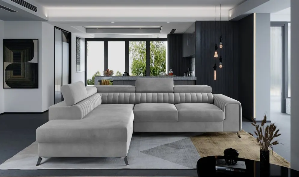 Narożnik z funkcją spania LAURENCE VELVET szary lewy w stylu glamour | MIRAT. w stylu GLAMOUR kolekcja