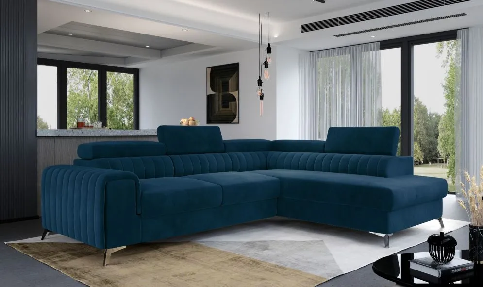 Narożnik z funkcją spania LAURENCE VELVET granatowy prawy welurowy | MIRAT. w stylu GLAMOUR kolekcja