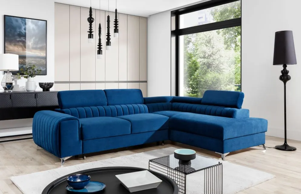 Narożnik z funkcją spania LAURENCE VELVET granatowy lewy z regulowanymi zagłówkami | MIRAT. w stylu GLAMOUR kolekcja