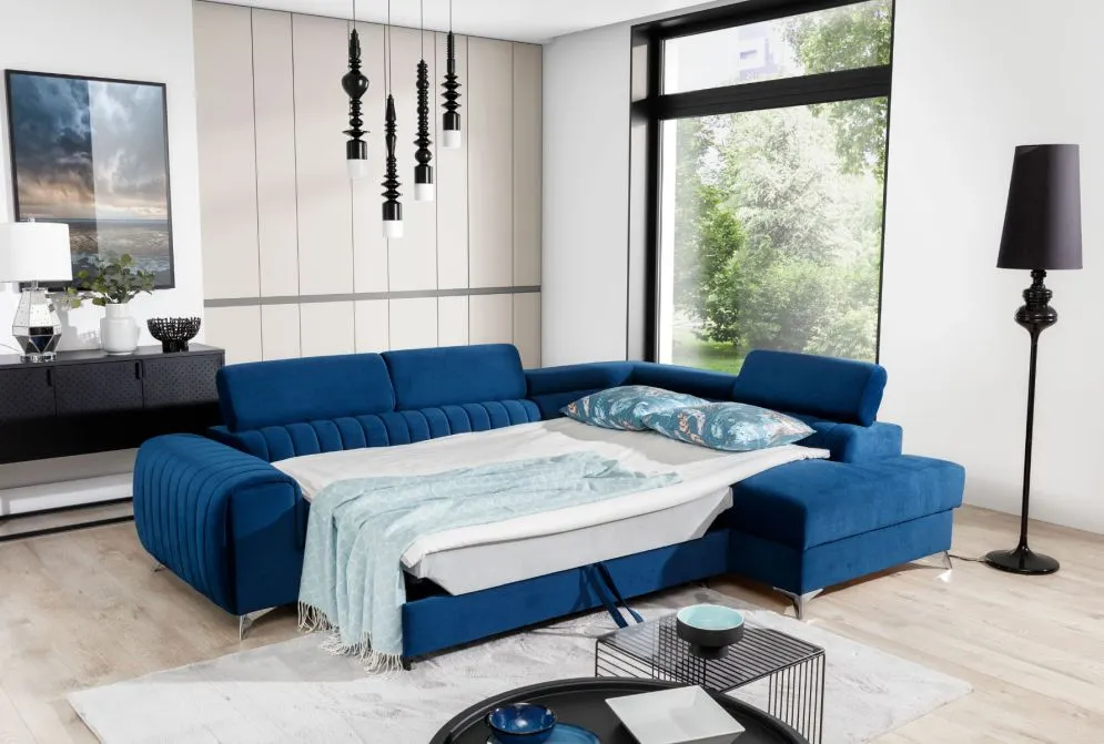 Narożnik z funkcją spania LAURENCE VELVET granatowy lewy z regulowanymi zagłówkami | MIRAT. w stylu GLAMOUR kolekcja