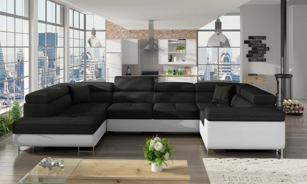 Narożnik z funkcją spania LETTO czarny/biały lewy w kształcie litery U | MIRAT. w stylu kolekcja