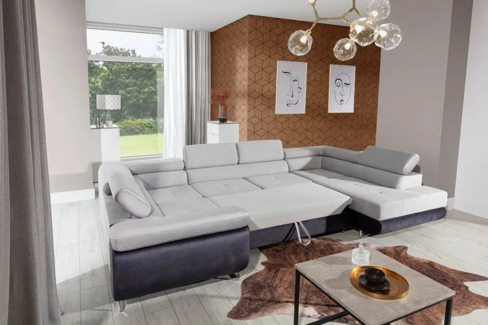 Narożnik z funkcją spania LETTO czarny/biały prawy z regulowanymi zagłówkami | MIRAT. w stylu kolekcja