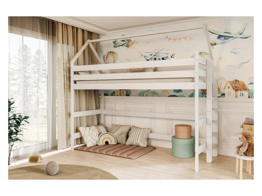 Łóżko domek na antresoli TOBI 1 160x80 białe drewno sosnowe I sklep meblowy MIRAT. styl SKANDYNAWSKI