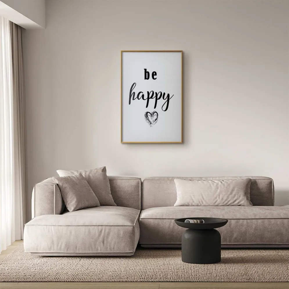 Plakat Be happy 21x30 cm z ramą złotą bez marginesu | MIRAT.