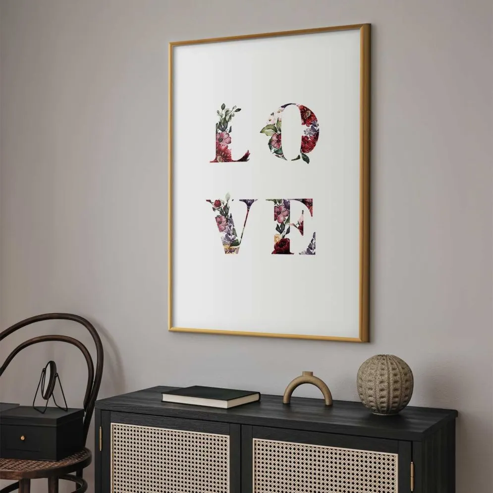 Plakat Miłość w kwiatach 21x30 cm z ramą złotą z marginesem | MIRAT.