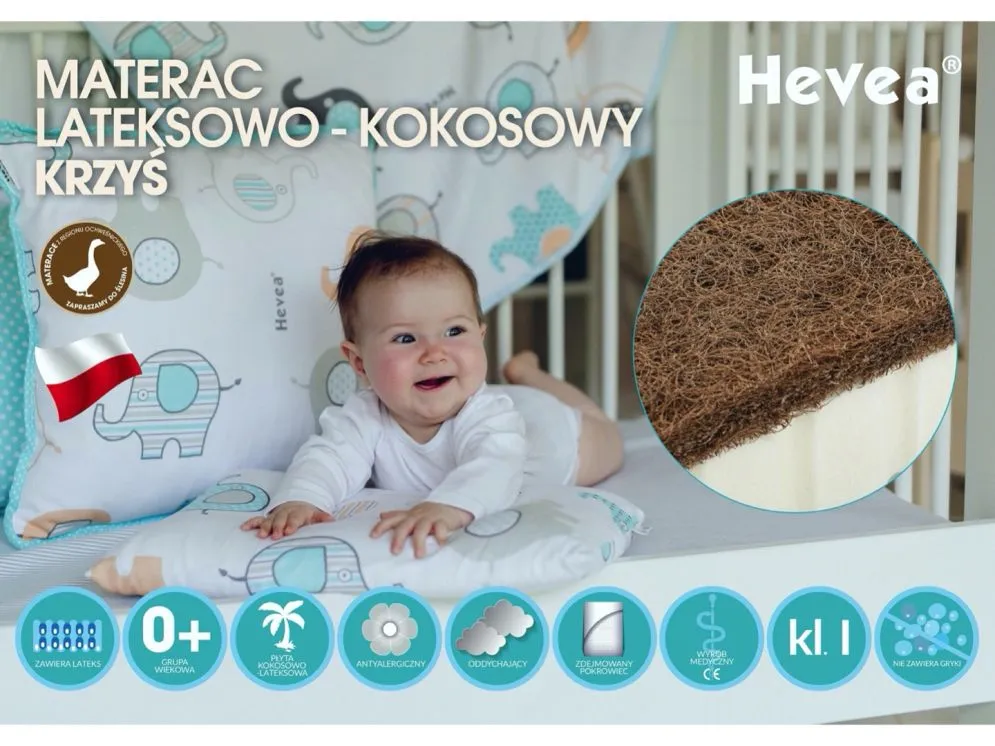 Materac lateksowo-kokosowy Hevea KRZYŚ 70x140 H2 i H3 zdejmowany pokrowiec dla dzieci | MIRAT.