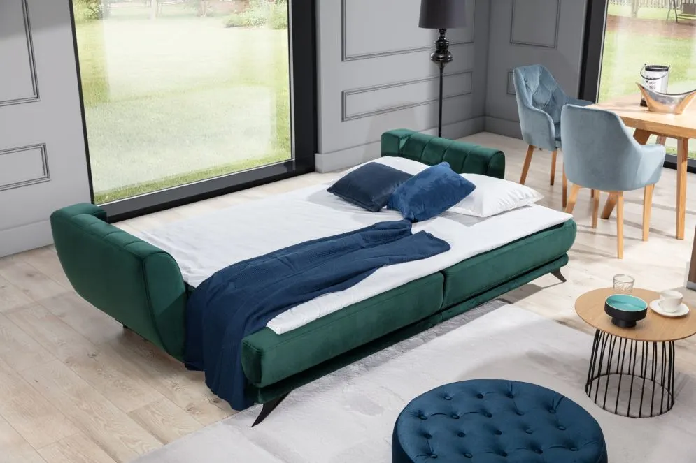 Sofa rozkładana z funkcją spania MEGIS VELVET zielona z pojemnikiem na pościel | MIRAT.