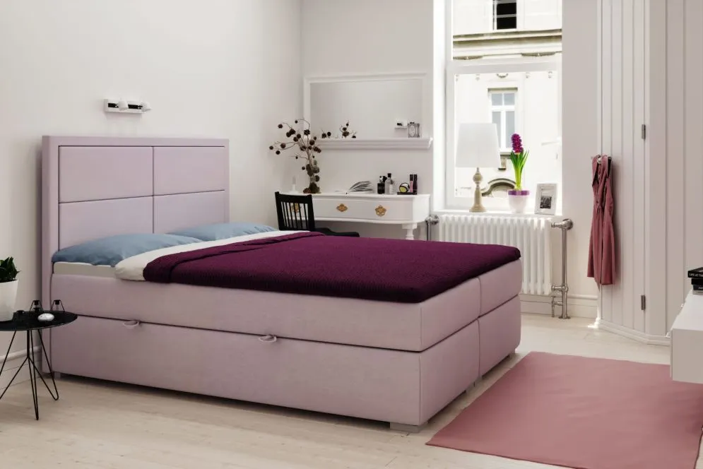 Łóżko kontynentalne DENNERY 180 różowe velvet z pojemnikiem do sypialni | MIRAT. styl GLAMOUR