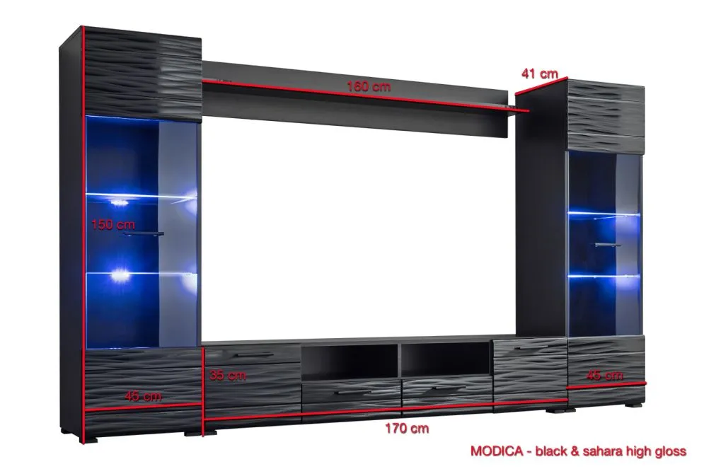Meblościanka MODICA czarny mat/czarny połysk efekt 3D | MIRAT.