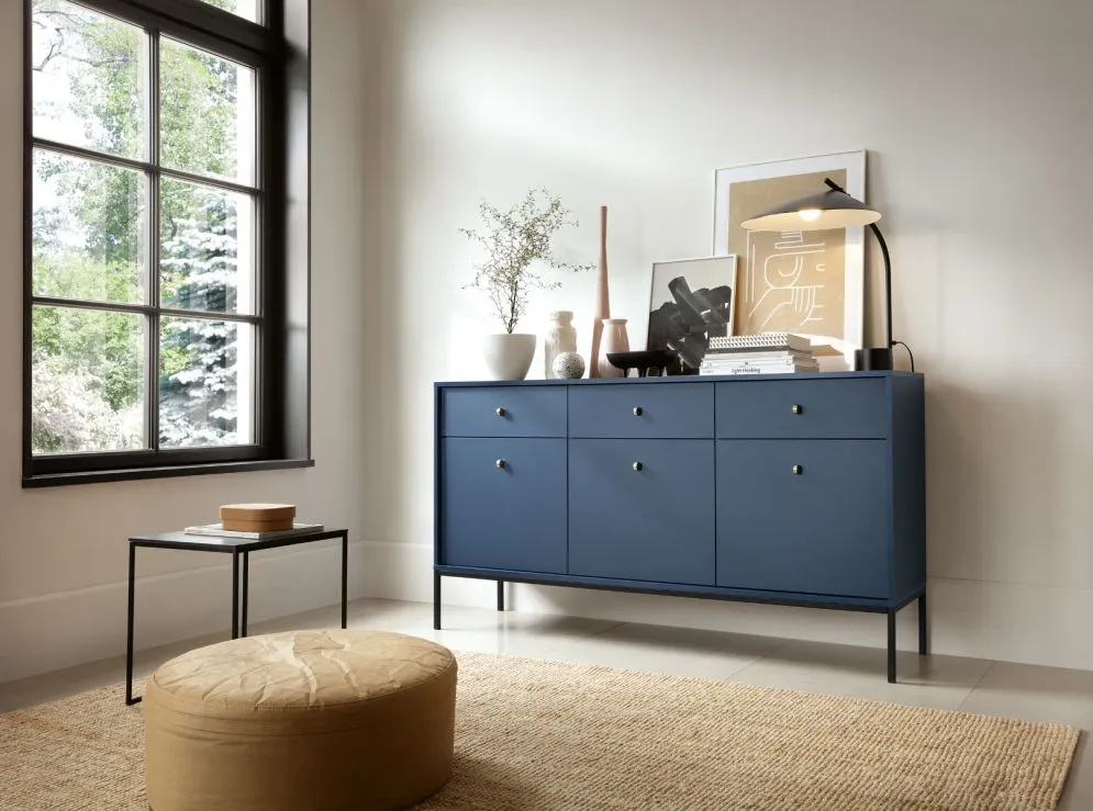 Komoda szeroka ALANI 3D3S granatowa z szufladami i półkami 154 cm | MIRAT. w stylu LOFT kolekcja ALANI