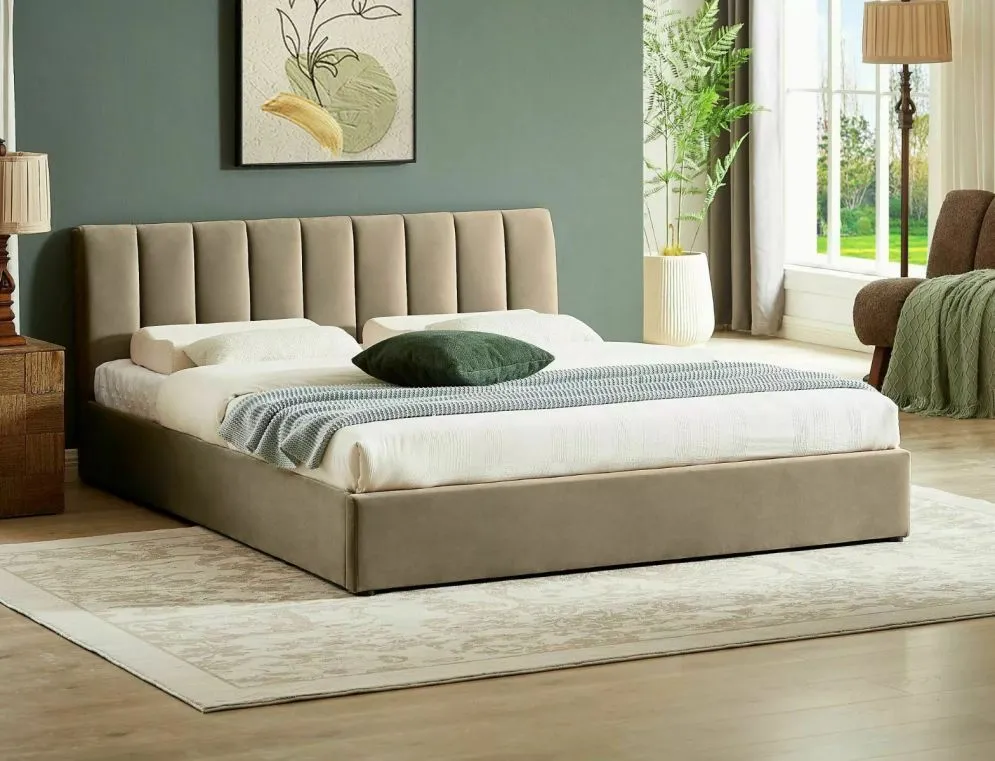 Łóżko tapicerowane MONTREAL VELVET 140x200 beżowe z pojemnikiem eleganckie I sklep meblowy MIRAT. styl GLAMOUR