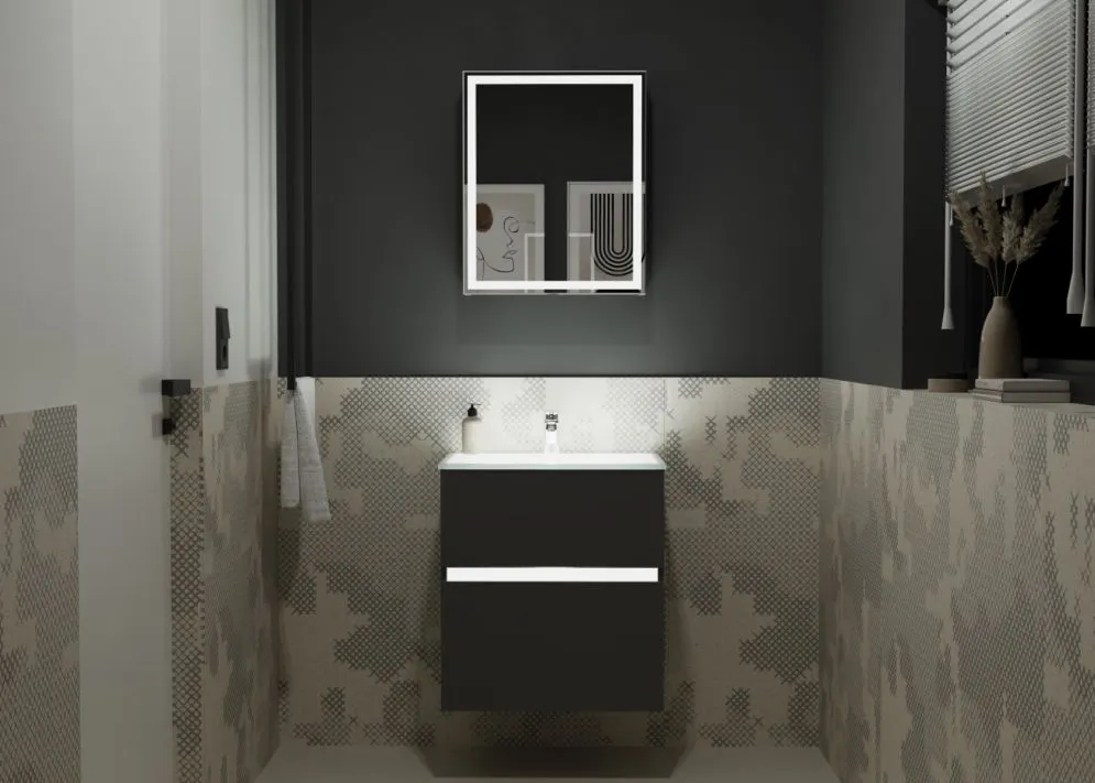 Szafka pod umywalkę NEO 60 cm czarna mat z oświetleniem LED i czujnikiem ruchu | MIRAT  kolekcja NEO