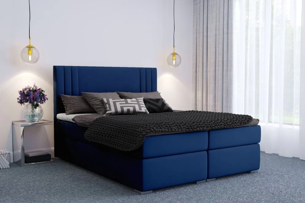 Łóżko kontynentalne MAO 140 ciemno niebieskie velvet z pojemnikiem tapicerowane | MIRAT. styl GLAMOUR