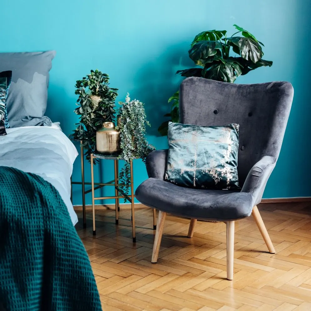 Fotel tapicerowany MOSS VELVET typu uszak szary | MIRAT styl SKANDYNAWSKI, VINTAGE