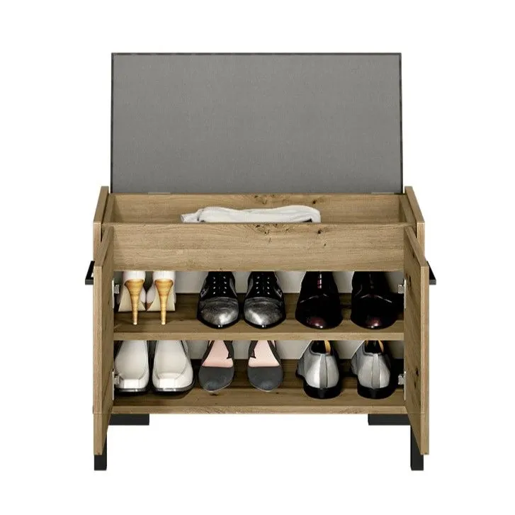 Szafka na buty z siedziskiem NIKOLA 70 dąb artisan/czarna polskiej produkcji I sklep meblowy MIRAT. styl LOFT