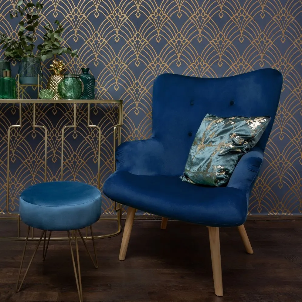 Fotel tapicerowany MOSS granatowy w welurze | MIRAT styl SKANDYNAWSKI, VINTAGE