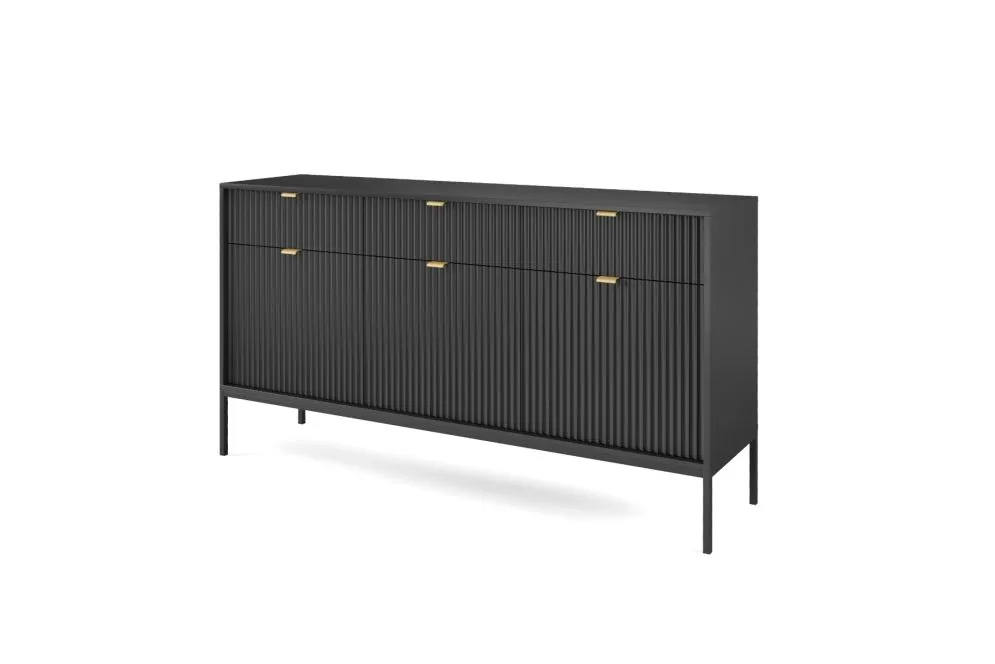 Komoda MILONA 3D3S 154 cm czarna mat I sklep meblowy MIRAT. styl GLAMOUR, RYFLOWANY kolekcja MILONA