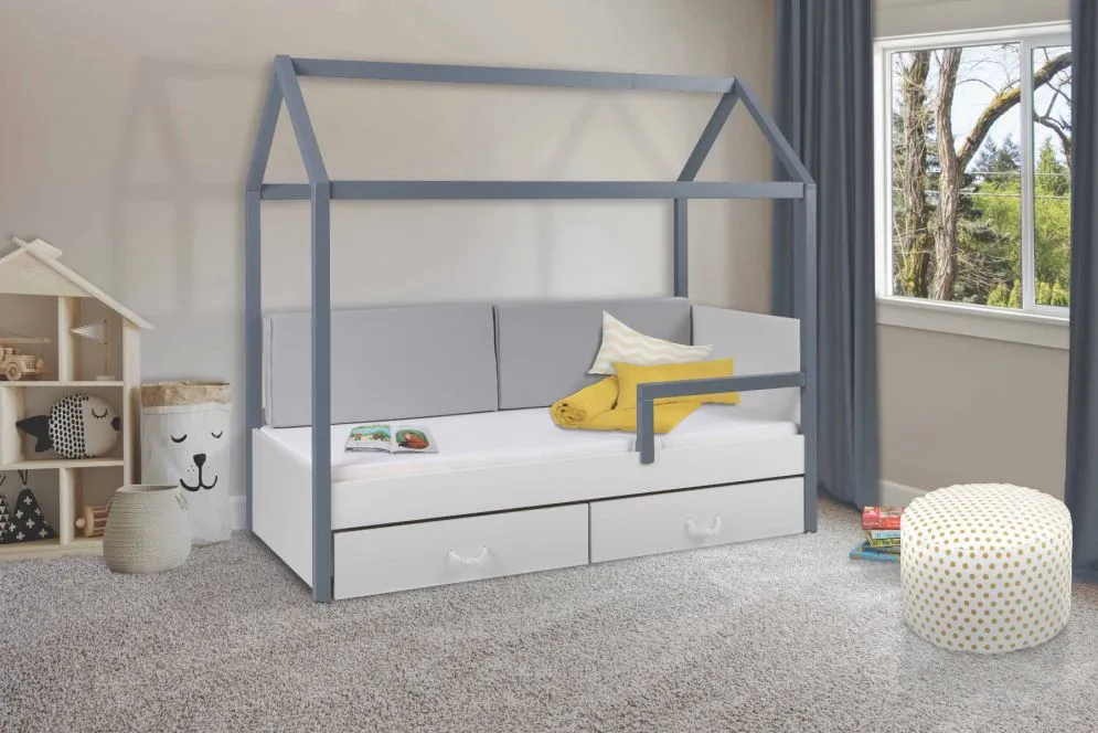 Łóżko domek BAJKAŁ 180x80 grafit/białe z barierką sosnowe I sklep meblowy MIRAT.